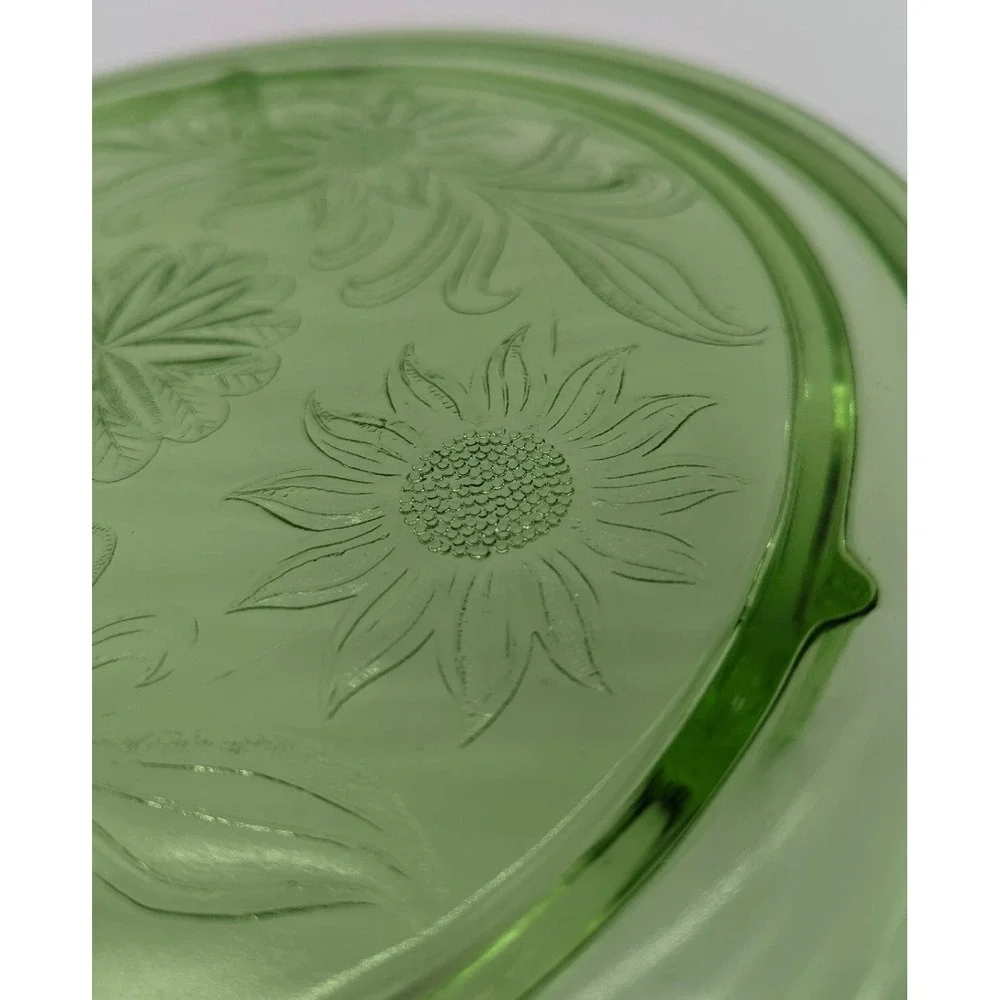 Vintage Uranium Depression Glass Cake Plate Floral Pattern Footed Glows Under UV